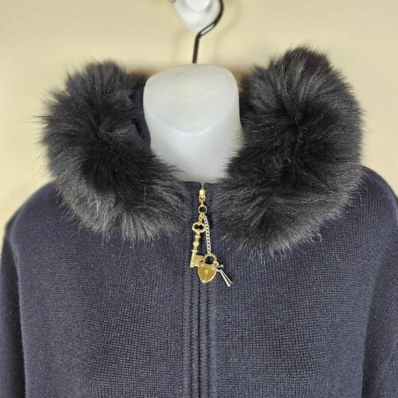 VTG St John Women Cashmere Cardigan Sweater Fox Fur Trim Hood Zip Jacket M Black - Picture 6 of 16